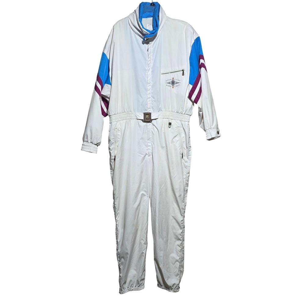 Vintage Bogner Ski Suit White Blue Purple Super Light High Tech One Piece Belted